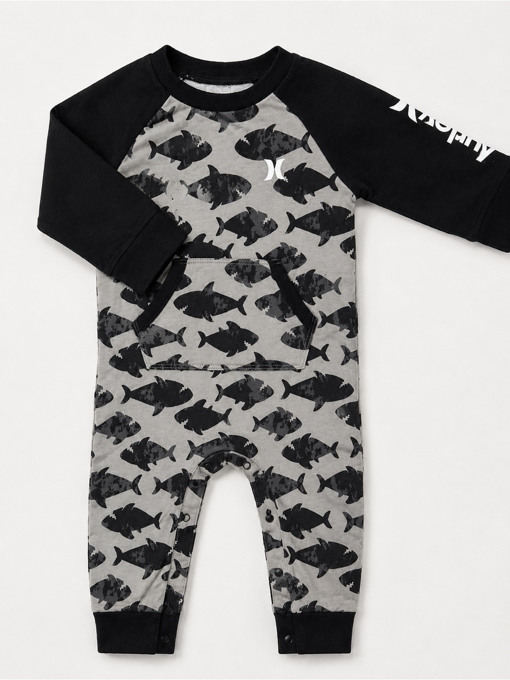 Hurley Black & Grey Fish-Print Raglan Infant Romper